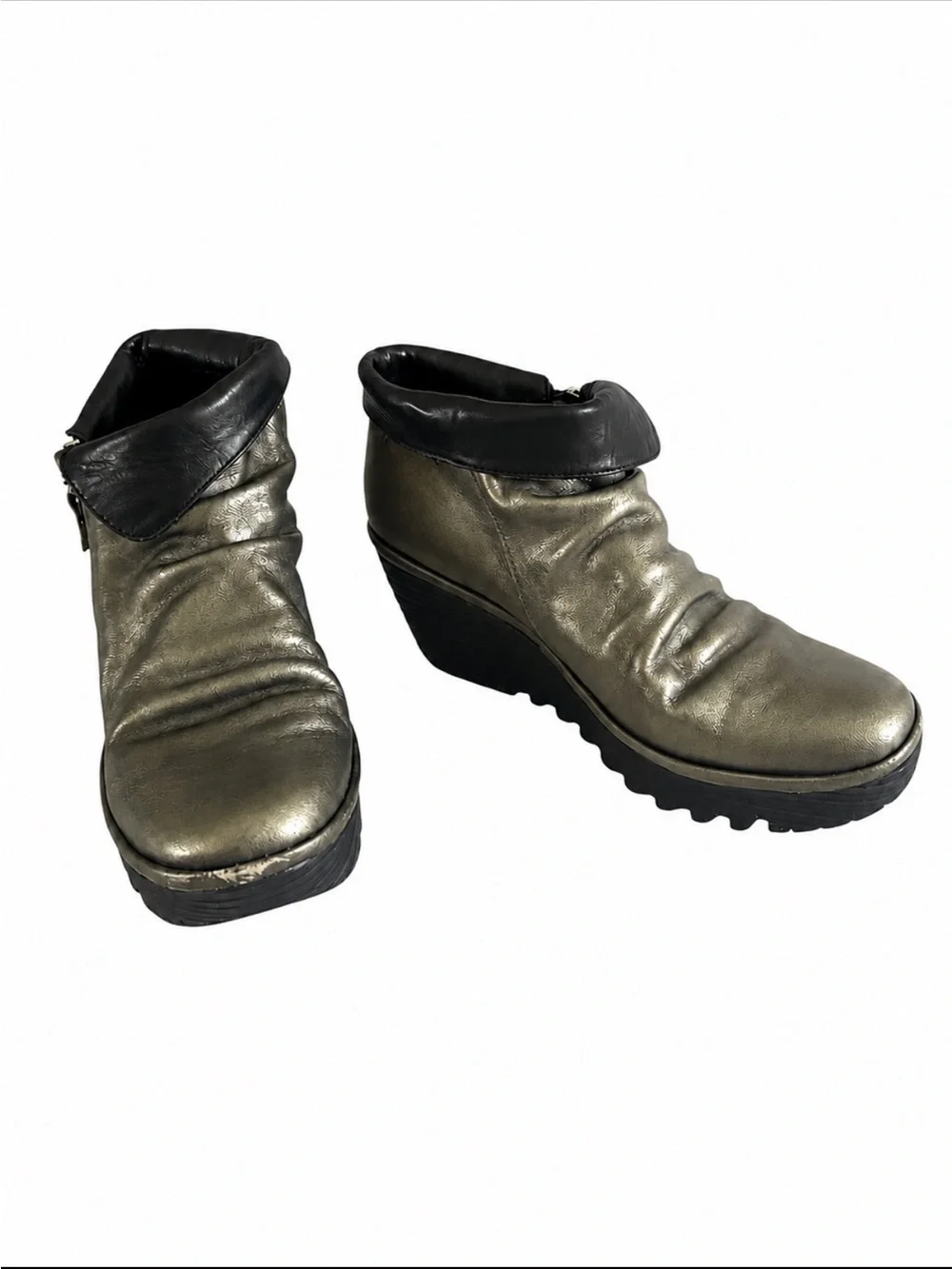Fly London Yoxi Metallic Pewter Gold Wedge Ankle Boots EU 42